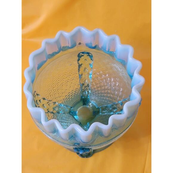 Vintage Northwood Button Panel Blue Opalescent Crimped Top Glass Candy Dish - Picture 9 of 11